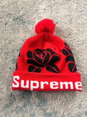 Supreme Red and Black Rose Pom Cuff Beanie